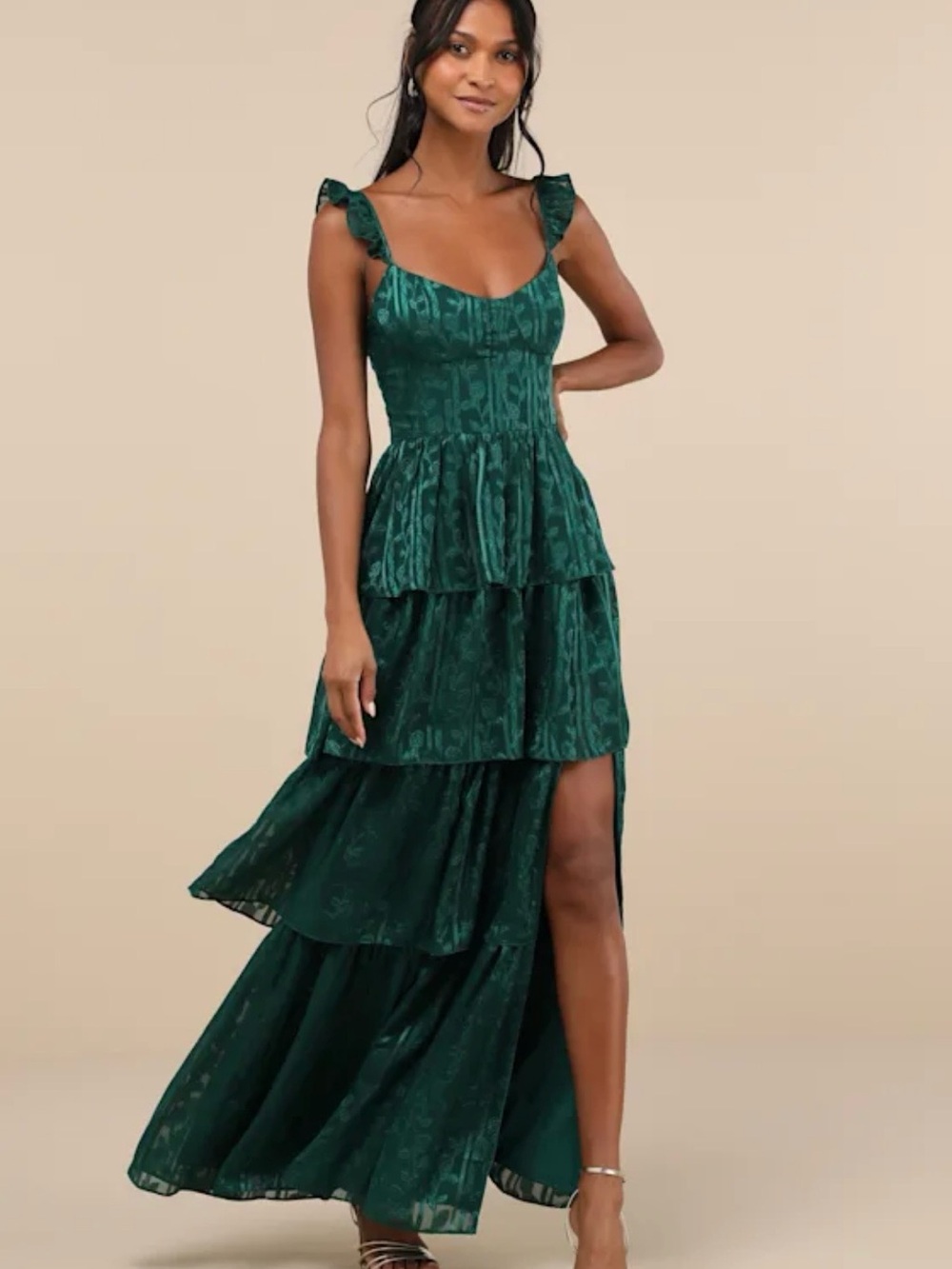 Lulu's Stunning Glory Hunter Green Emerald Floral Jacquard Tiered Maxi Dress